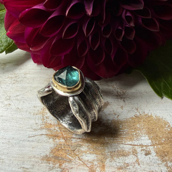 Soft Green Rose Cut Tourmaline Ripple Ring