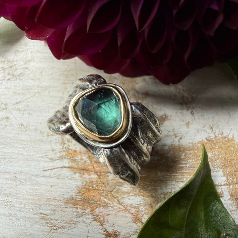 Soft Green Rose Cut Tourmaline Ripple Ring