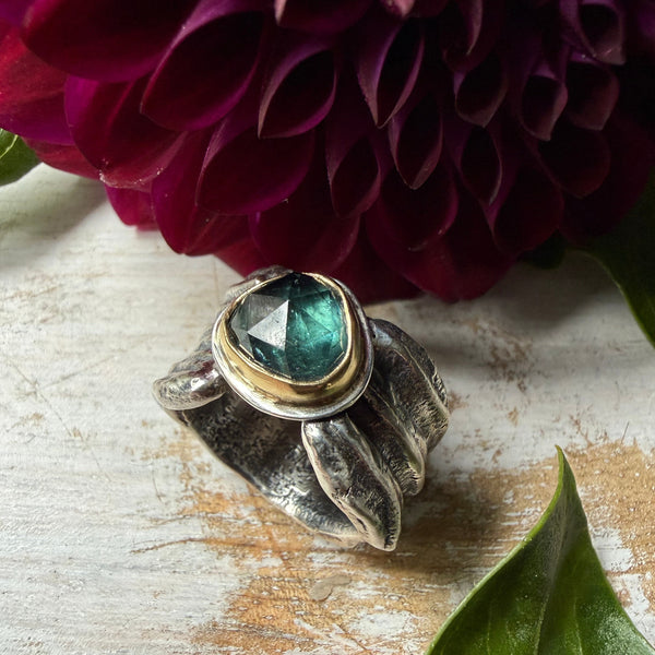 Soft Green Rose Cut Tourmaline Ripple Ring
