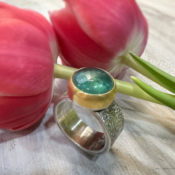 Soft Blue/Green Tourmaline set in 22k w/Silver Shank