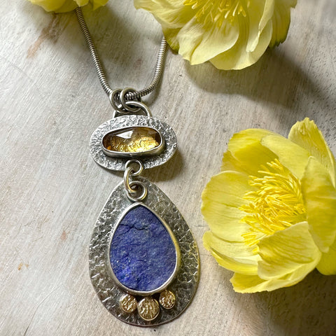 Natural Surface Lapis & Citrine Rondel Necklace