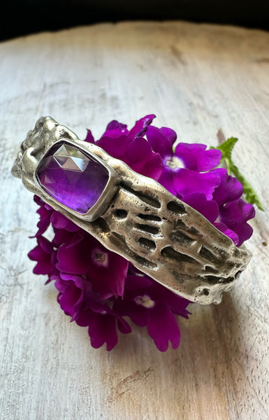 Rectangle Amethyst  Ripple Cuff Silver