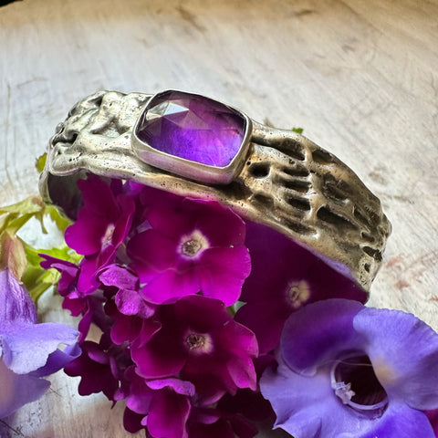 Rectangle Amethyst  Ripple Cuff Silver