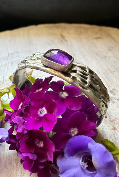 Rectangle Amethyst  Ripple Cuff Silver