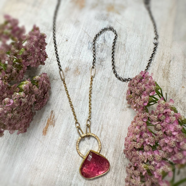 Rose Cut Pink Tourmaline Gold Necklace