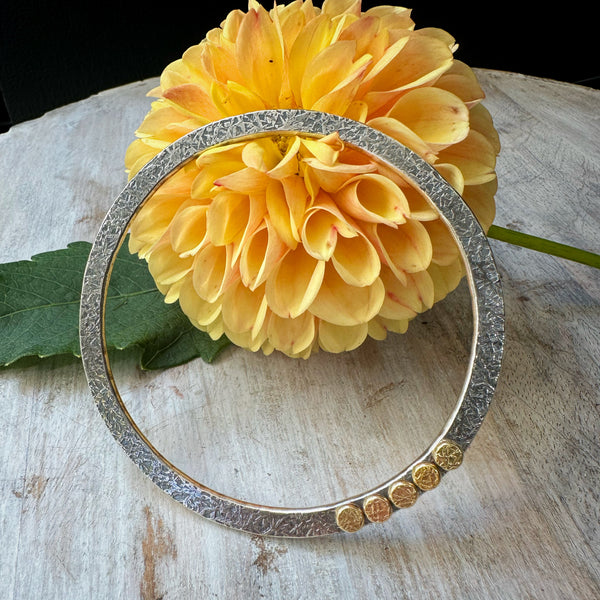 Chunky Sterling Silver  Rondel Bangle w/5 lg 18k gold Rondels