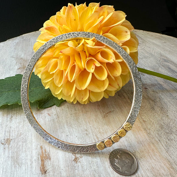 Chunky Sterling Silver  Rondel Bangle w/5 lg 18k gold Rondels