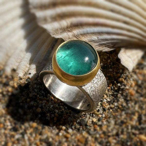 Soft Blue/Green Tourmaline set in 22k w/Silver Shank