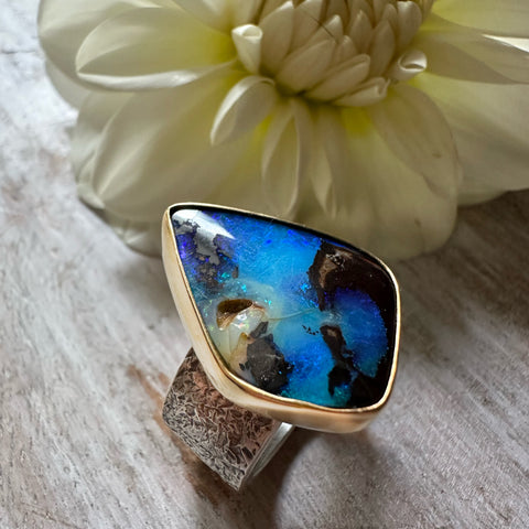 Asymmetrical Austrailian Boulder Opal Ring set in 18k Gold