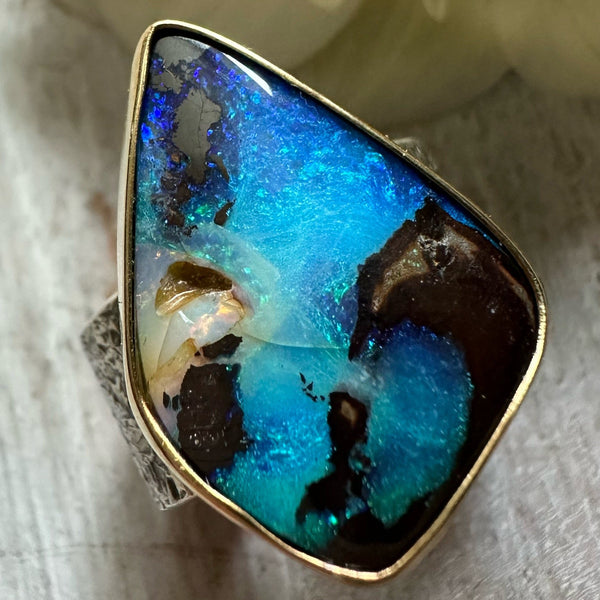 Asymmetrical Austrailian Boulder Opal Ring set in 18k Gold