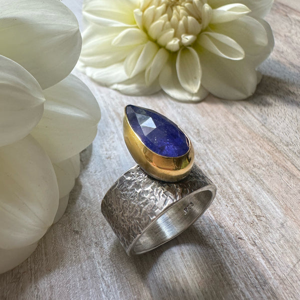 Rose Cut Tanzanite Pear set in 22k Gold