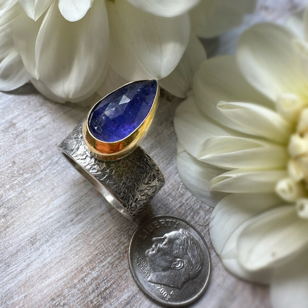 Rose Cut Tanzanite Pear set in 22k Gold