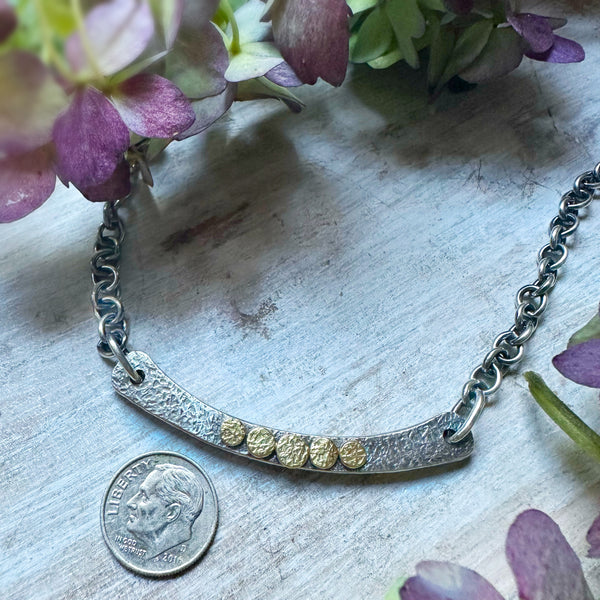 Chunky Silver arc necklace w/5 18k gold Rondels