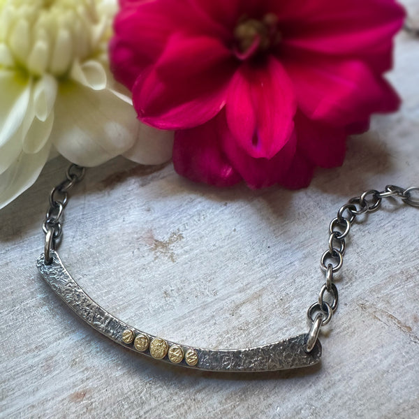 Thick Silver Arc Necklace w/5 18k gold Rondels
