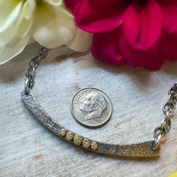 Thick Silver Arc Necklace w/5 18k gold Rondels