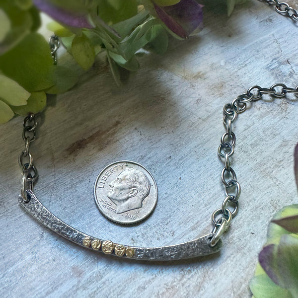 Thin Silver Arc Necklace w/5 18k Gold Rondels