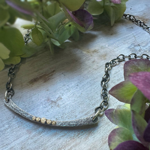 Thin Silver Arc Necklace w/5 18k Gold Rondels