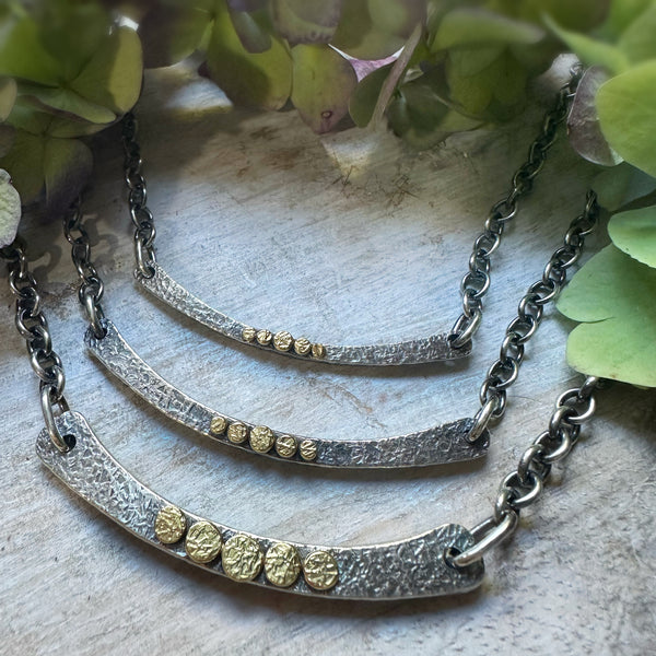 Thin Silver Arc Necklace w/5 18k Gold Rondels