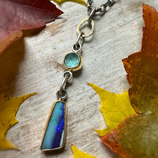 Australian Boulder Opal & Moss Aqaumarine Totem Necklace set in 22k