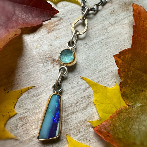 Australian Boulder Opal & Moss Aqaumarine Totem Necklace set in 22k