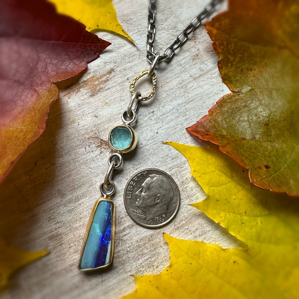 Australian Boulder Opal & Moss Aqaumarine Totem Necklace set in 22k