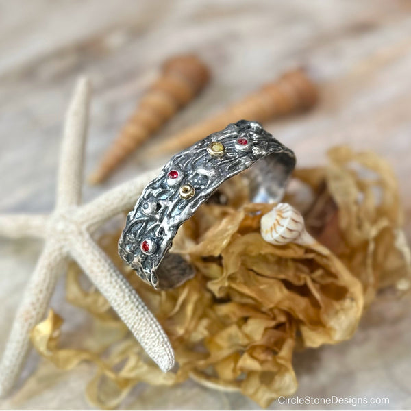 Ripple Barnacle Cuff w/Apricot Sapphires, Diamond in 18k Gold & Silver