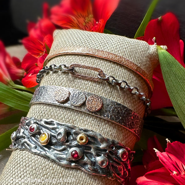 Ripple Barnacle Cuff w/Apricot Sapphires, Diamond in 18k Gold & Silver