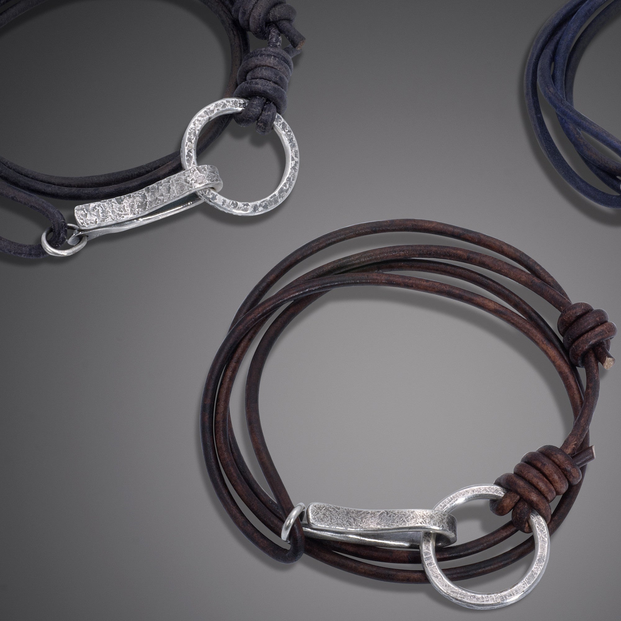 Silver Hook Leather Bracelet - Wrap Mens Bracelet