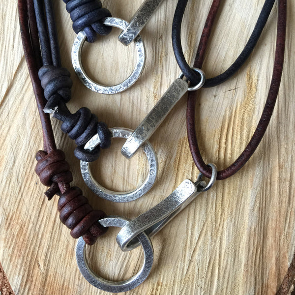 Fish Hook Leather Wrap Thick Silver