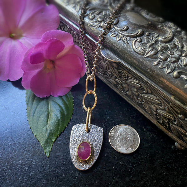 Ruby Shield Necklace Silver & 18k Gold