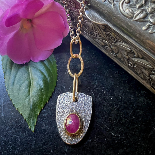Ruby Shield Necklace Silver & 18k Gold