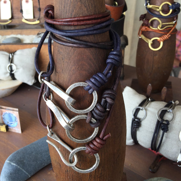 Fish Hook Leather Wrap Thick Silver